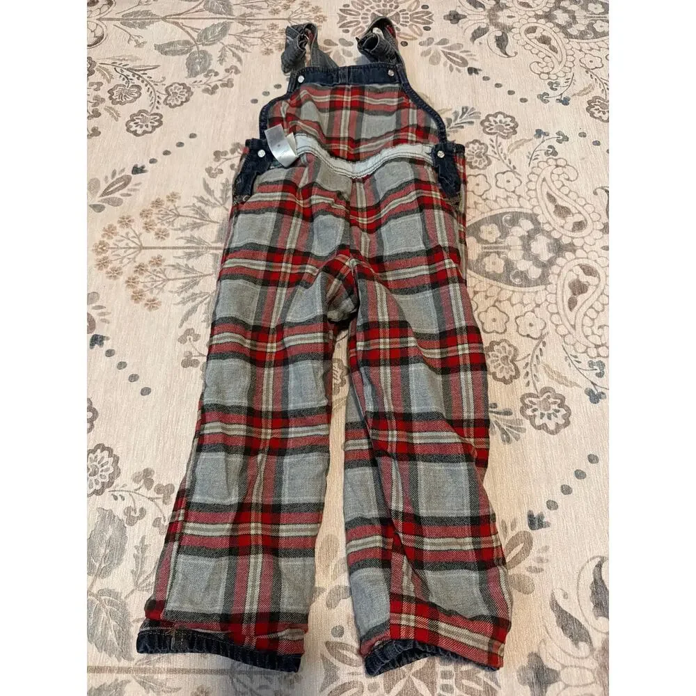 OshKosh B'gosh 3T Patchwork Denim Overalls Flannel Lined EUC
